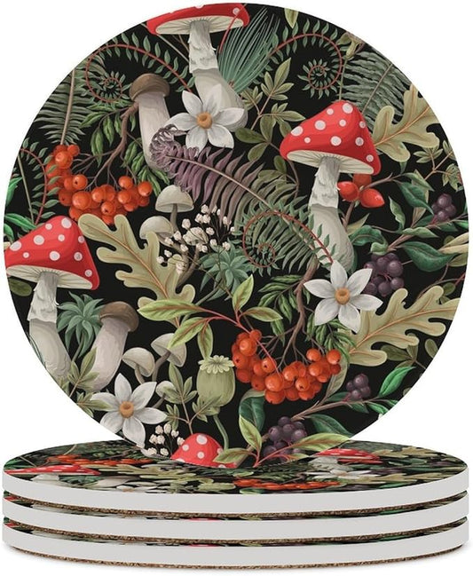 Round-4PCS Botanical Drink Coasters, Round Modern Ceramic Absorbent Coasters, Wild Floral Botanical Mushroom Nature Plants Herbs Decor Desk Coffee Table Coaster for Beverage Cup Tea Coasters