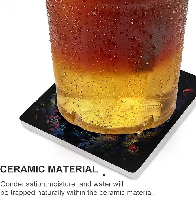 Square-4PCS Botanical Ceramic Coasters, Square Absorbent Drink Coasters, Fantasy Colorful Cartoon Style Abstract Mushroom Print Ceramic Table Coasters for Coffee, Beverage, Wine, Beer Coasters