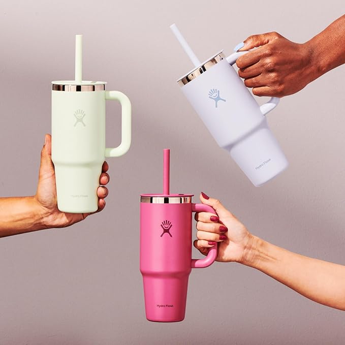 Hydro Flask Travel Tumbler with Handle, Lid and Straw - Insulated Stainless Steel in 24 Oz Aloe