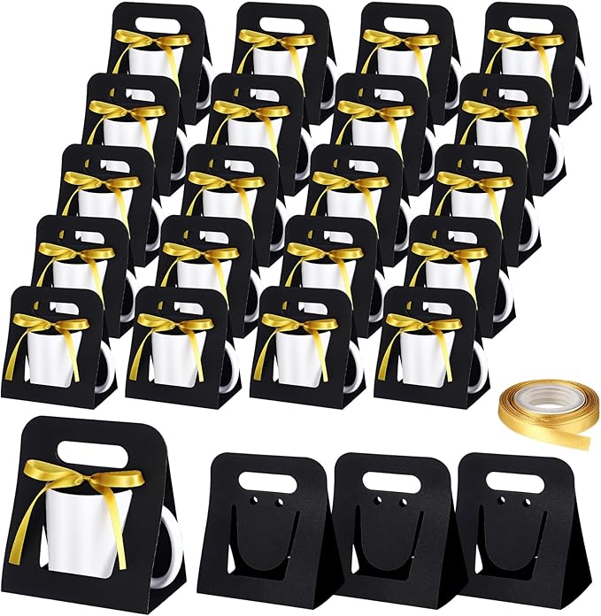 Motipuns 24 Pack Mug Boxes for Gifts 11 oz Coffee Mug Gift Boxes with 1 Roll Ribbon Sublimation Cups Packaging Bags for Sublimation Coffee Cups Blanks Wrapping(Black)