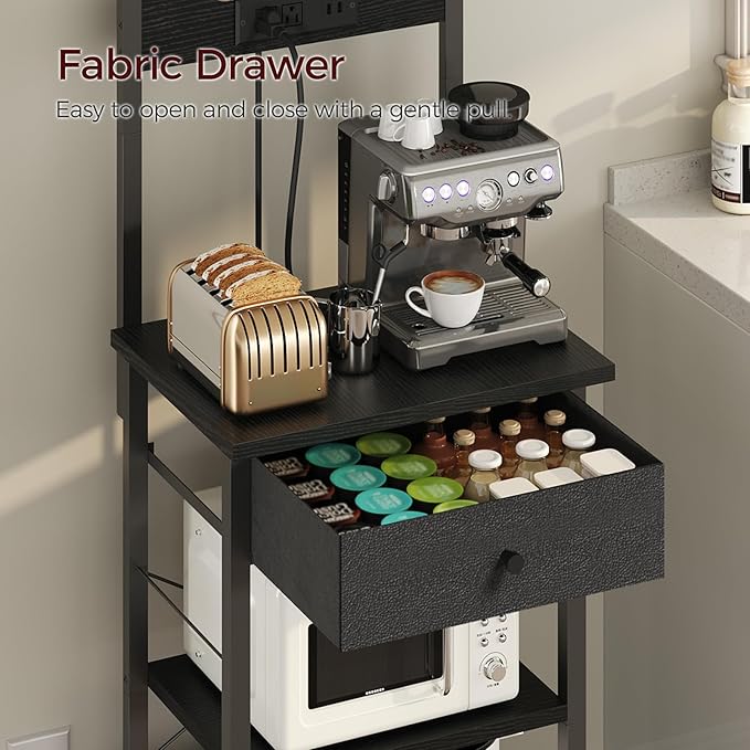 Bakers Rack with Drawer, Microwave Stand with Power Outlet, Coffee Bar Station with 4 Hooks, Kitchen Storage Shelf Rack 4 Tiers, for Kitchen, Dining Room, Black BRBK48E01