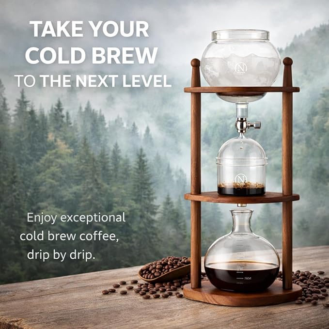 Nispira Cold Brew coffee Maker Ice Coffee Drip Machine with Advanced Slow Drip Technology Borosilicate Glass with Wood Tower, 6-8 Cup, Brown