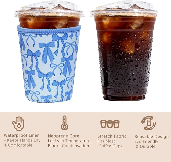 Reusable Insulated Sleeve for Iced Coffee Cup, Coffee Neoprene Sleeve for Cold & Hot Drinks, Beverage Holder for Iced Coffee (Blue Bows, Small: 16-18oz)