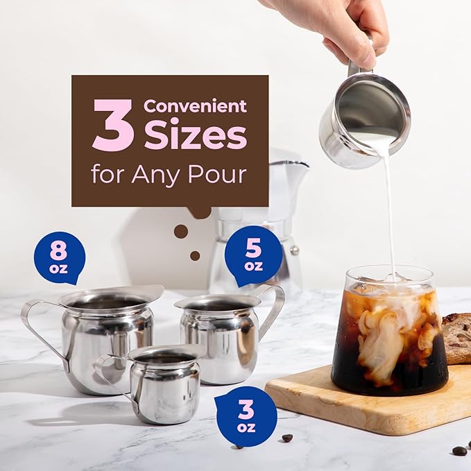 Fit Meal Prep [6 Pack] 5 oz Creamer Pitcher - Stainless Steel Bell Creamers, Mini Cup Container for Serving Milk, Coffee Cream, Salad Dressing, Maple Syrup, Espresso Machine for Restaurant, Cafes