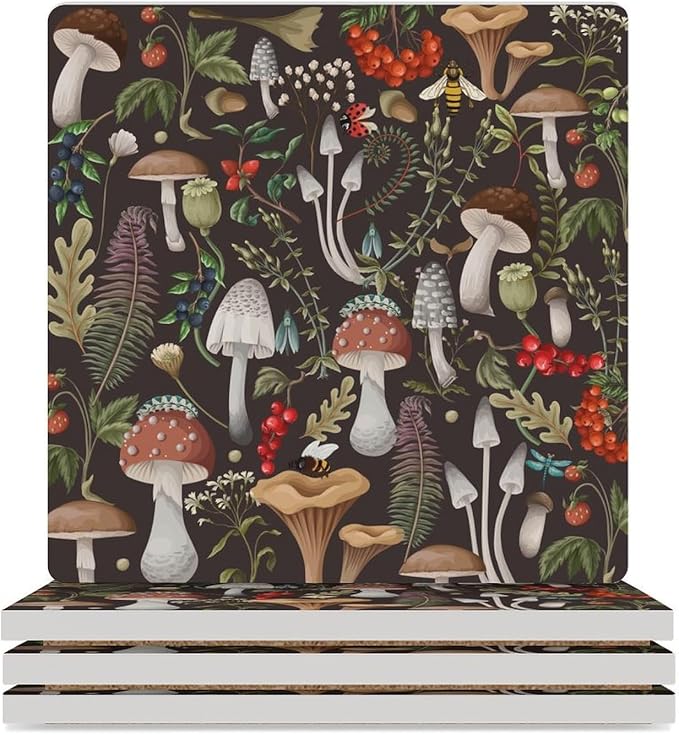 Square-4PCS Botanical Ceramic Coasters, Square Absorbent Drink Coasters, Vintage Cartoon Abstract Botanical Mushroom Plants Pattern Ceramic Table Coasters for Coffee, Beverage, Wine, Beer Coasters