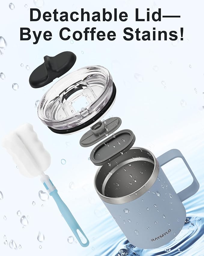 Insulated Coffee Mug 12 oz, Double Wall Stainless Steel Coffee Mug with Lids, Leak-Proof & Detachable Slider Lid for Thorough Clean, Keeps Coffee Cold for 9 Hrs, Suitable for Camp Home Office