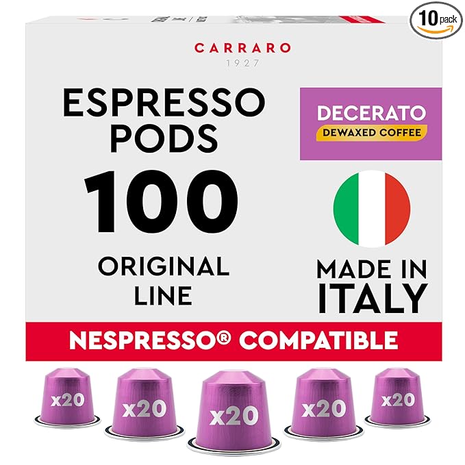 CARRARO 1927 Decerato - 100 Aluminum Espresso Pods Compatible with Nespresso Original line - Dewaxed, Wellness, Low Acidity, More Digestible, Intense Aroma, Medium Roast Espresso Capsules Made in Italy