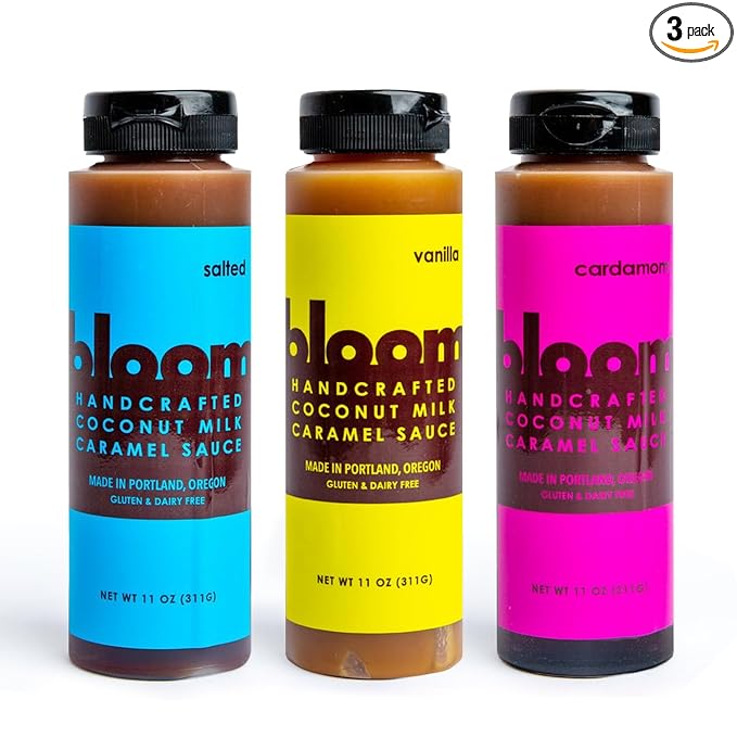 Bloom Caramel Gift Set - Salted, Vanilla, Cardamom Coconut Caramel Sauce - Vegan, Dairy-Free Dessert Topping, Small Batch Artisanal Quality, Perfect for Coffee, Ice Cream, and Baking – 33 oz