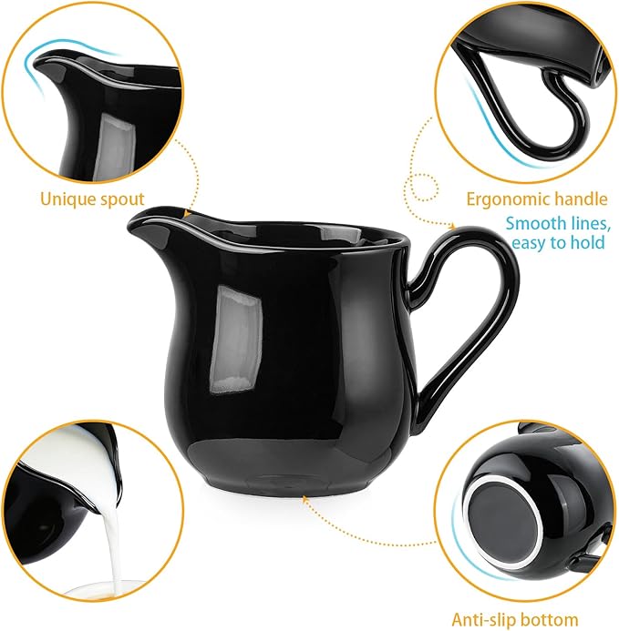 12 OZ Ceramic Sugar and Creamer Set, Coffee Serving Set, 3 Piece Cream Pitcher Sugar Bowl with Lid and Spoon (Black)