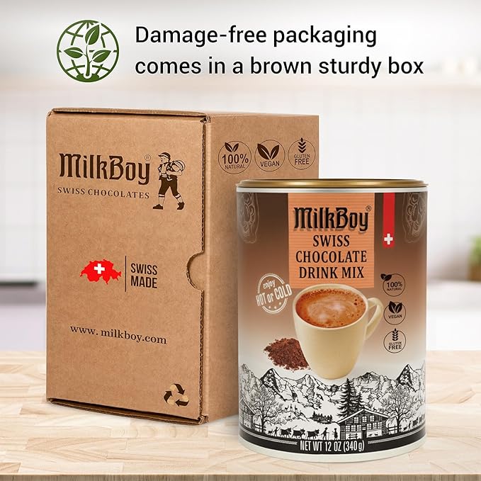 MilkBoy Dairy Free Hot Chocolate Mix - Gluten Free Swiss Cocoa Drink Powder, Vegan Hot Cocoa Mix, Gourmet Swiss Chocolate Drink, Kosher, Rainforest Alliance Certified - 12 oz Can