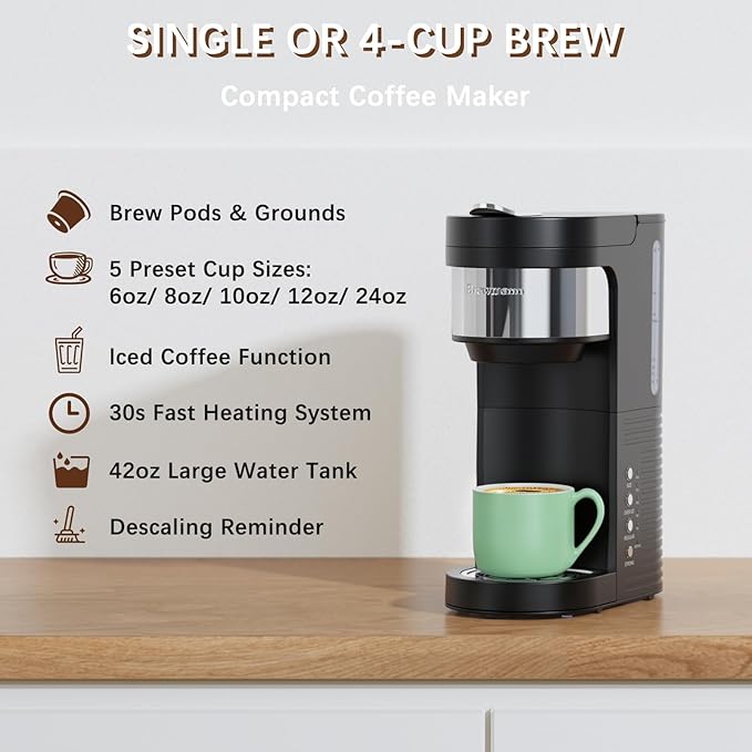 Brewmann Single Serve Hot & Iced Coffee Maker, for K Cup Pod and Grounds, 6 to 24oz Brew Size, Slim Compact for Small Spaces, Descaling Reminder, with Reusable Filters, Black
