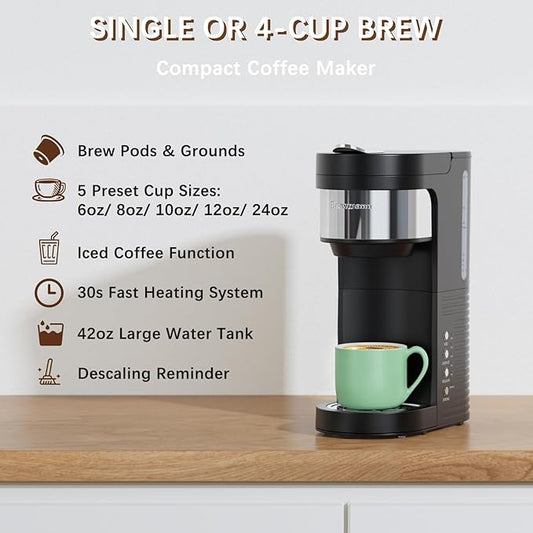 Brewmann Single Serve Hot & Iced Coffee Maker, for K Cup Pod and Grounds, 6 to 24oz Brew Size, Slim Compact for Small Spaces, Descaling Reminder, with Reusable Filters, Black