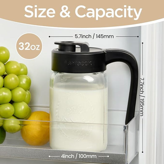 32 oz Glass Pitcher with Lid, 1 Quart Mason Jar Pitcher with Lid Airtight, Breast Milk Storage for Fridge, Ideal for Cold Brew Coffee, Iced Tea, Sun Tea, Juices