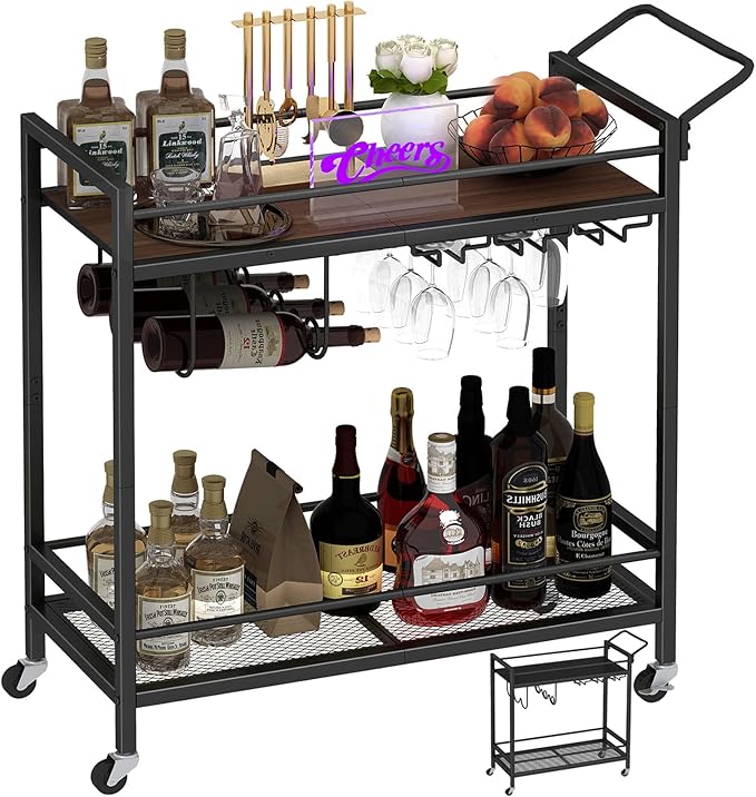 LAATOOREE Bar Cart, Two-Color Home Bar Serving Cart, Mobile Drink Beverage Cart with 2 Storage Shelves, Rolling Kitchen Cart with Wine and Glass Holder, for Dinning Room, Living Room, Kitchen