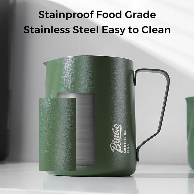 Milk Frothing Pitcher – Stainless Steel Latte Art Pitcher for Steaming and Frothing Milk – Espresso Coffee Milk Jug with Handle – Barista Tool for Latte, Cappuccino(Green-12oz)