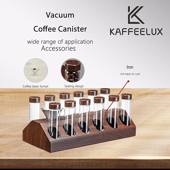 12-Piece Vacuum Coffee Canister Set with Wooden Holder & Funnel – Airtight Glass Jars for Coffee Beans, Tea, Snacks (Walnut Wood Stand)