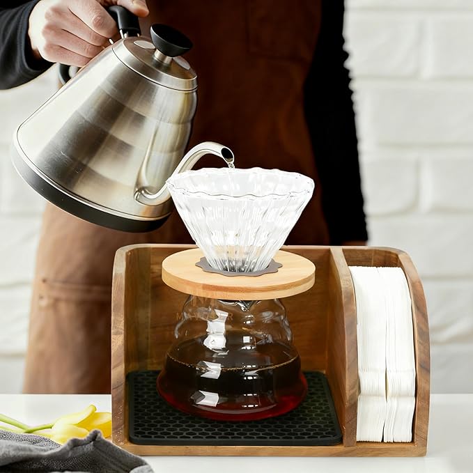 Acacia Coffee Bar Station Organizer Stand, Wooden Pour Over Maker Caddy Storage Organizers, Coffee Filter Holder for Countertop with Heatproof Mat (9.4*7*5.1 inch) Glass Cofee Maker not included