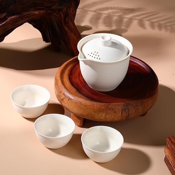 Porcelain Chinese Gongfu Tea Sets for Adults Portable Kungfu Teapot and Cup Set Small Ceramic Tea Party Set Travel Teaset with Lid for Home Gifting Outdoor and Office (White)