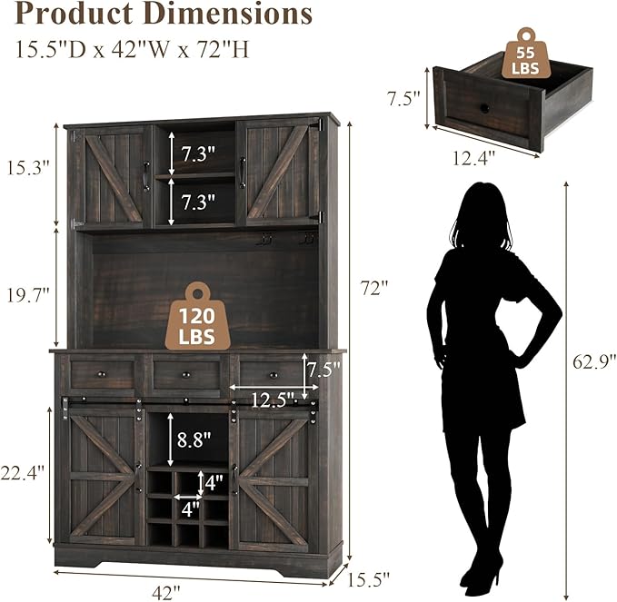 4 EVER WINNER 72" Coffee Bar Cabinet with Sliding Barn Door & Wine Racks, Hutch Cabinet with Storage and 3 Drawers, Farmhouse Coffee Bar with Wine Glass Holder for Dining Room Kitchen, Rustic Oak