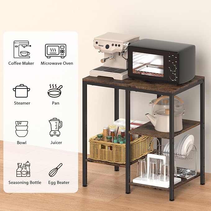 Kitchen Microwave Stand,4-Tier Adjustable Bakers Rack, Microwave Cart with Storage, Small Coffee Bar Table Appliance Shelf for Living Room,Office,Rustic Brown