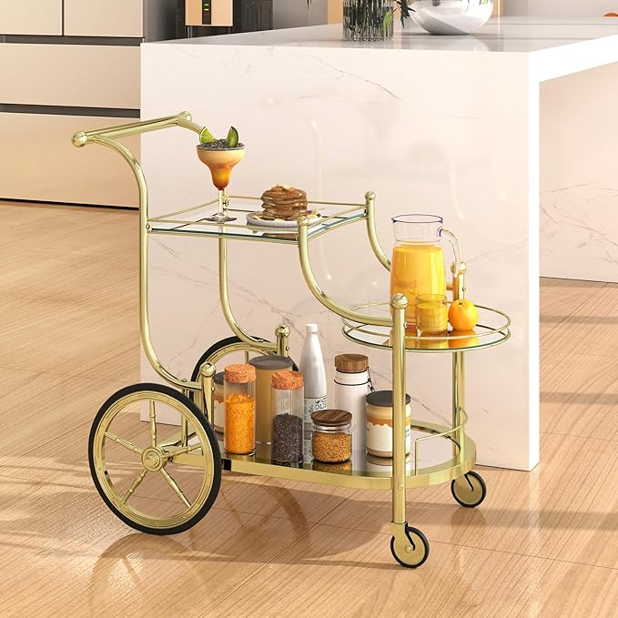 COSTWAY Glass Rolling Bar Cart, Rolling Serving Cart with 3-Tier Shelf, Directional Wheels & Universal Wheels, Mobile Wine Tea Serving Cart for Hotel, Club & Home (Gold)