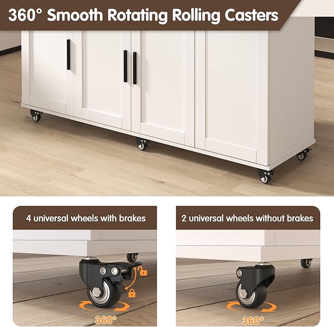 Rolling Kitchen Island Cart on Wheels,59" Mobile Island Carts with Folding Drop Leaf & 2 Storage Cabinet,Portable Prep Table with Drawer & Trash Storage Cabinet for Kitchen,White