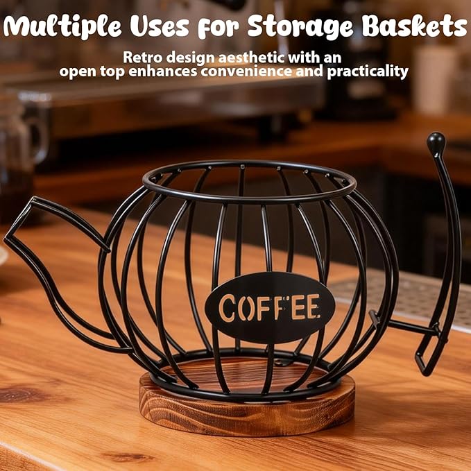 Coffee Pod Organizer for Countertop, Coffee Bar Accessories with Wooden Base, Round Basket Decor for Kitchen Countertop for Pods and Espresso Capsules