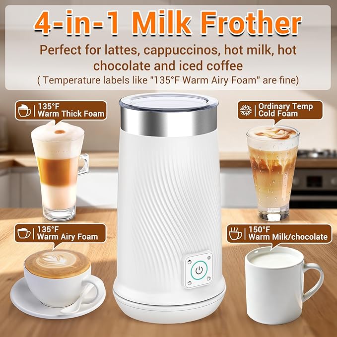 Milk Frother, 4-in-1 Electric Milk Steamer with Warm and Cold Foam Maker, Milk Heater and Warmer Hot & Cold Milk Foamer Maker for Latte Coffee Chocolate