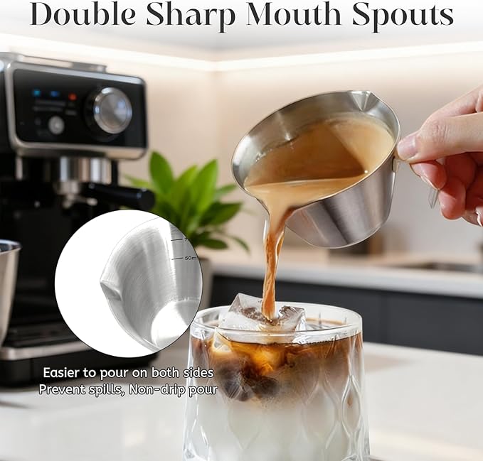 2 Pcs Stainless Steel Espresso Cups with Handle, V-Shaped Double Spout & Dual Scale, 3.4OZ/100ML Precision Measuring Shot Glasses (Silver)