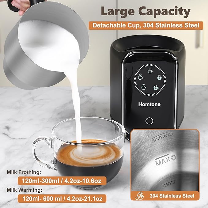 Homtone 5-in-1 Milk Frother and Steamer Electric Milk Frother, 21 oz Induction Milk Frother, 120V Removable Stainless Steel Automatic Milk Steamer for Latte, Hot Chocolate Milk, Hot & Cold Foam, Large