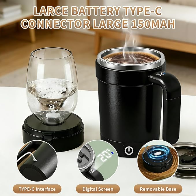 2026 Upgraded Stirring Coffee Mug,With LCD Temperature Display,Rechargeable Automatic Magnetic Stirring Coffee Mug,304 Stainless Steel,for tea/Hot Chocolate/Milk Ideal Gift for Coffee Lovers (Black)