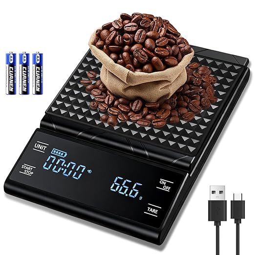 Coffee Scale High Precision 3kg/0.1g Coffee Scale with Timer Food Scale Kitchen Scale Backlit LCD for Espresso, Pour Over & Drip Brewing,Coffee Bar Accessories Rechargeable Includes Batteries(Black)
