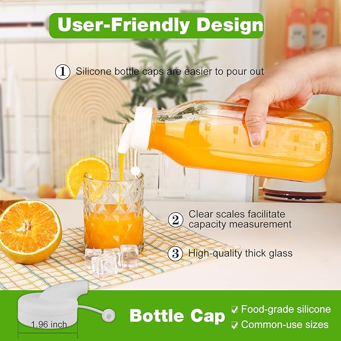 32 Oz Glass Milk Bottles, 2 Pack Scale Mark Drinking Jug with 2 Nut Milk Bags& Airtight Screw Lid & Silicone Pour Cap& Stickers, 1 Quart Reusable Juice Bottle Water Pitcher for Coffee Yogurt