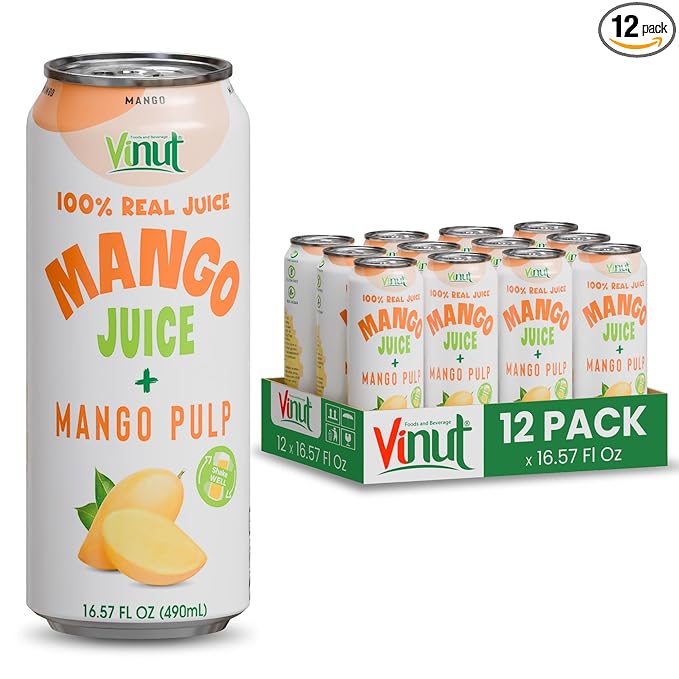 Vinut 100% Mango Juice with Pulp (16.57 fl oz, Pack of 12), No Sugar Added, All Nature Mango Juice, Not From Concentrate, Gluten Free, GMO-Free, High Calcium, Iron