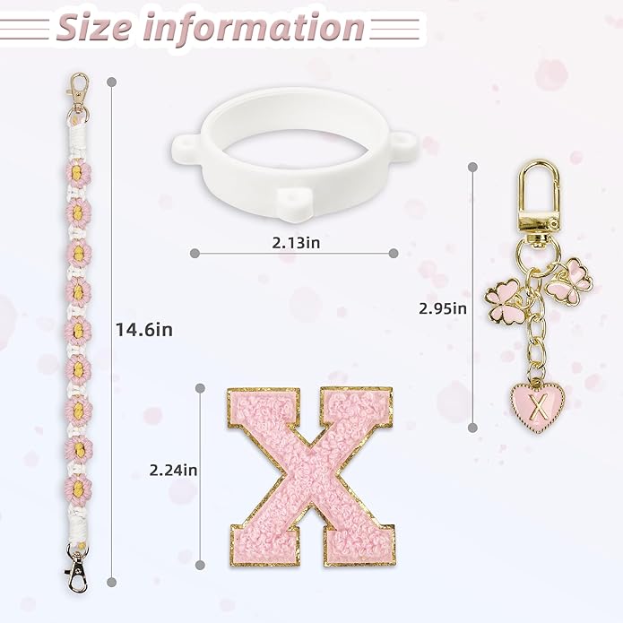 Compatible with Owala Water Bottle Accessories, Cute Letter Charm Set with Boho Handle Strap, Monogram Sticker, Silicone Ring, Keychain Decoration, for FreeSip 24 32 40oz, Owala Kids, Tumbler Gift