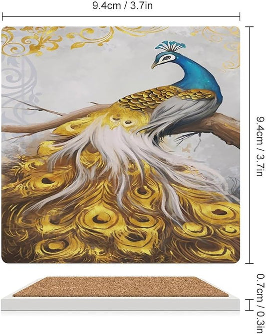 Peacock Drink Coasters, Square Ceramic Drink Coaster Square-4PCS, Tree Branch Vintage Beautiful Gold Peacock Decor Absorbent Ceramic Coasters for Beverage Cup, Bar, Coffee Table