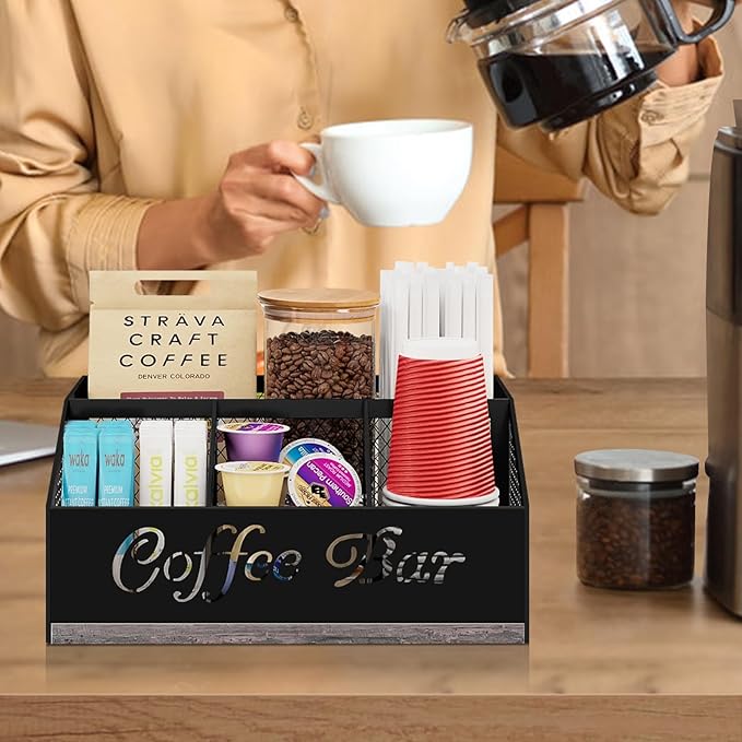 BCOZLUX Coffee Bar Organizer for Countertop, Wooden Counter Station Organizer with Metal Mesh Basket, Coffee Bar Accessories Decor for Pods Condiment Syrup Tea Sugar, Gray
