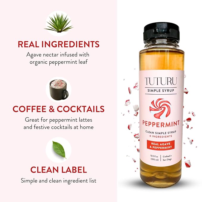 Peppermint Agave Simple Syrup for Coffee, Cocktails, Matcha - Sweetened with Agave Nectar - Infused with Real Peppermint Leaf - 13.5 oz