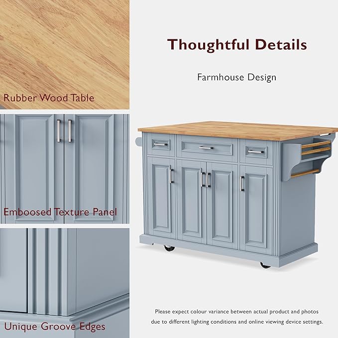 Yayzy Rolling Kitchen Island with Drop Leaf, 4 Cabinet Doors, 3 Drawers & Side Storage Racks, Mobile Kitchen Cart with Rubberwood Top & Locking Wheels for Dining Room & Kitchen, 54-Inch, Grey Blue