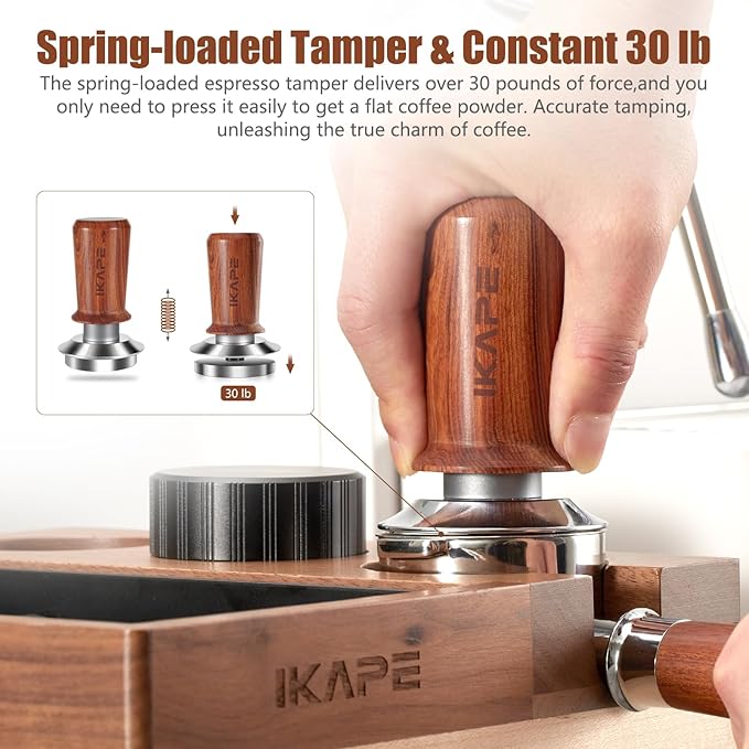 IKAPE 51mm Espresso Coffee Tamper, Spring-loaded Calibrated Tamper with Premium Stainless Steel, Walnut Wooden-Handle Tamper Compatible with All 51mm Espresso Machine Bottomless Portafilter