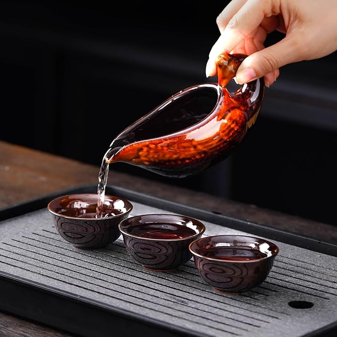 Semi Automatic Tea Set Ceramic Teapot with Infuser Magic Teapot with 8 cups (Yellow Dragon-D)