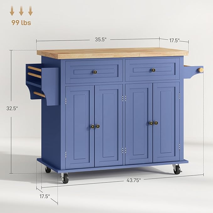 HOMCOM Kitchen Island Cart with Rubber Wood Top, Rolling Kitchen Island Table on Wheels with Drawers, Adjustable Shelves, Spice Rack and Towel Rack for Dining Room, Navy Blue