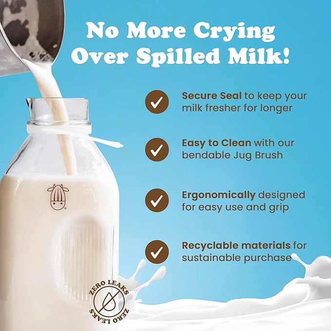 Almond Cow - Glass Pitcher with Lid and Spout, Glass Bottle Milk Container for Refrigerator, Clear Milk Jar Bottles, Food-Grade Liquid Container - 60 fl oz Capacity, 5 x 4 x 10 Inches