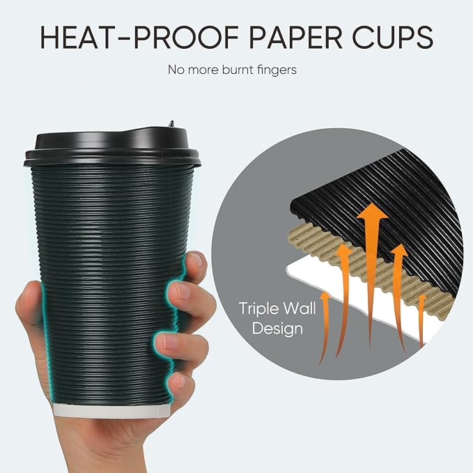 Coolcap 100 Pack 16 oz Disposable Coffee Cups with Lids and Straws, Insulated Ripple Wall To Go Paper Corrugated Cups, Bulk for Hot/Cold Drinks, Cafe Bar, Office, Chocolate, Cocoa (Black)