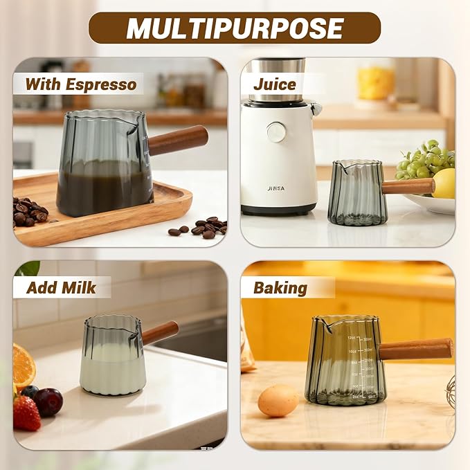 Espresso Measuring Cup 12 Oz, Espresso Glass Cups with Wood Handle, Milk Frothing Cup, Espresso Cup for Coffee, Milk, Tea or Maple Syrup Serving (Gray, 12 oz)