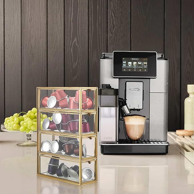 ELLDOO Coffee Pod Holder with 4 Drawers, Gold Glass Coffee Pod Organizer for K Cup Espresso, Clear Coffee Capsule Storage Holder for Coffee Bar Office Home Coffee Station Counter