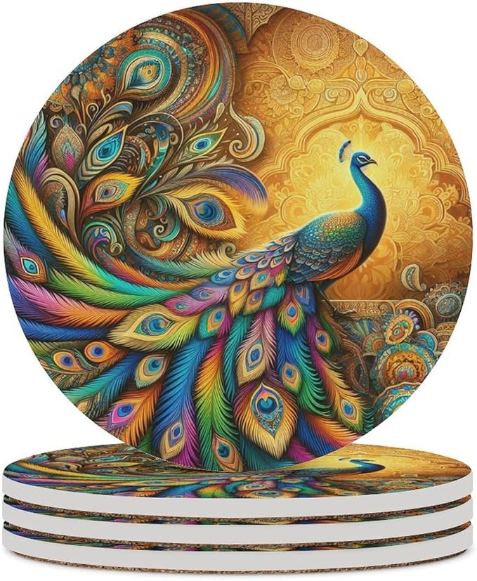 Peacock Drink Coasters, Round Ceramic Drink Coaster Round-4PCS, Beautiful Colorful Floral Peacock Boho Art Pattren Decor Absorbent Ceramic Coasters for Beverage Cup, Bar, Coffee Table