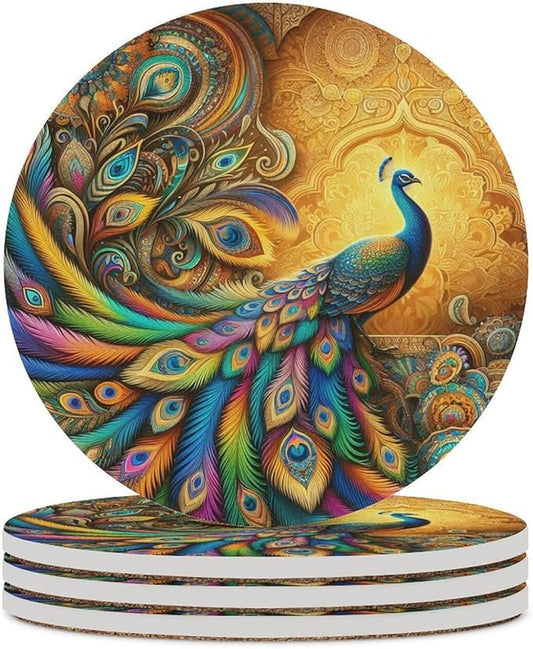 Peacock Drink Coasters, Round Ceramic Drink Coaster Round-4PCS, Beautiful Colorful Floral Peacock Boho Art Pattren Decor Absorbent Ceramic Coasters for Beverage Cup, Bar, Coffee Table
