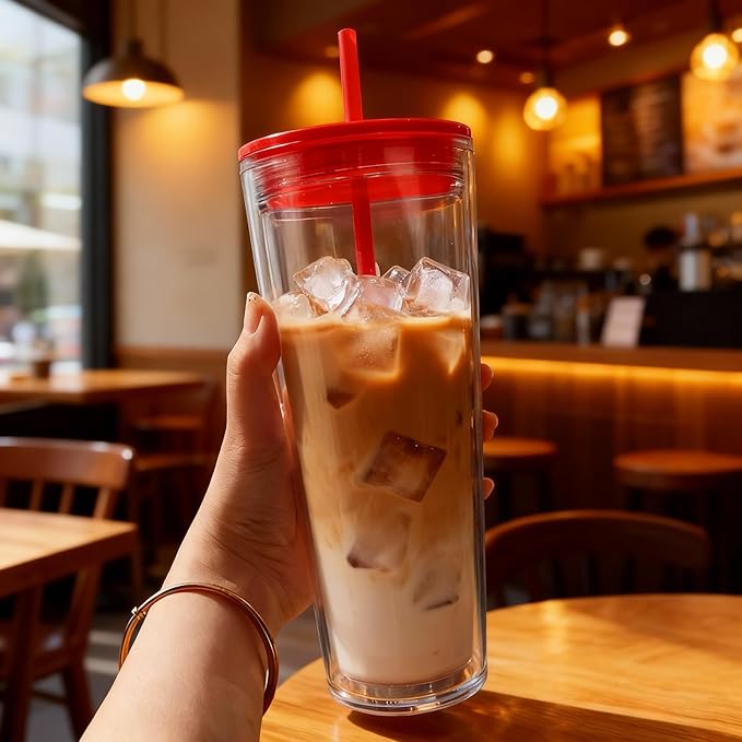 24oz Tumbler with Lid and Straw, Leak Proof and Double Wall Insulated Reusable Plastic Cups,Travel Reusable Iced Coffee Cup (1, Red)