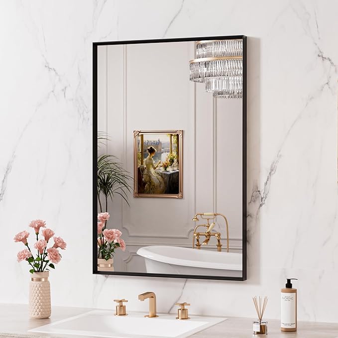 LOAAO Black Bathroom Mirror 24"X32" for Wall, Rectangle Bathroom Vanity Mirror, Hangs Vertically or Horizontally, Easy to Install, Modern Design
